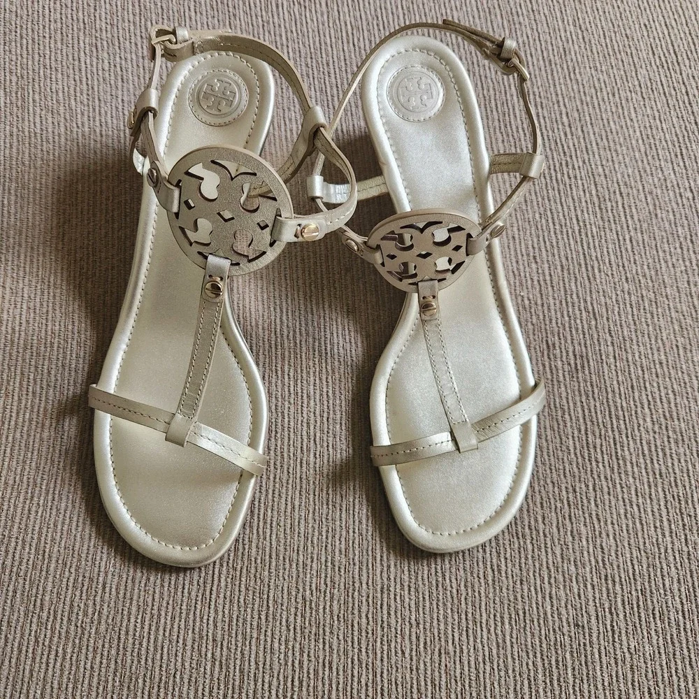 Tory Burch Gold Metallic Miller Logo T-Strap Low Wedge Sandal Leather Size 10M